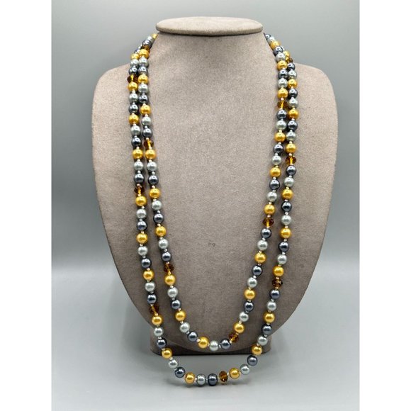 Long Strand Colored Faux Pearls & Crystals Necklace Gold Gray Color Hand Knotted - Picture 5 of 5